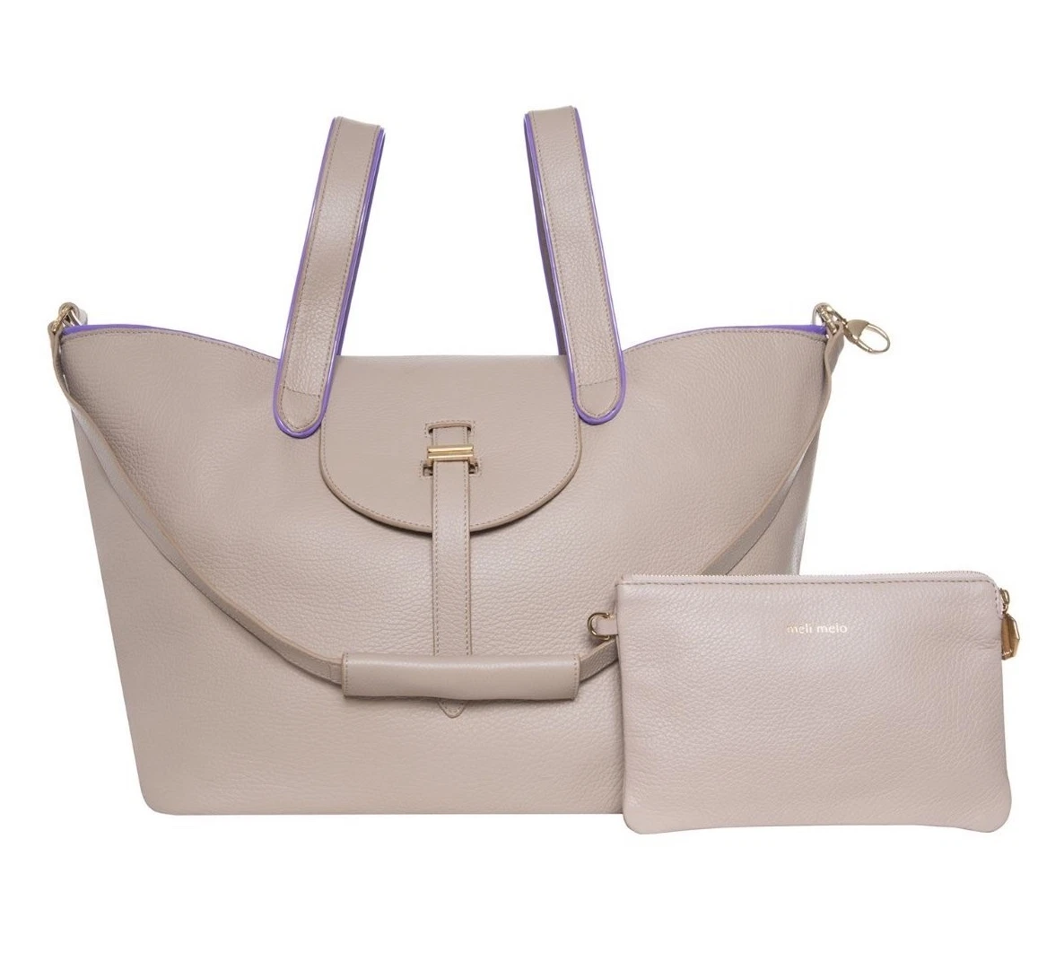 $845 meli melo Large Thela Pop Leather Tote Bag Stone Grey Beige Taupe  Purple