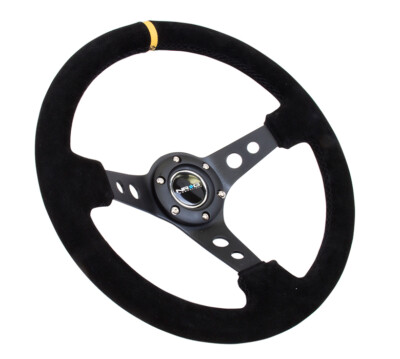 NRG Steering Wheel 350mm 06 Black Suede Deep Dish (BLACK Stitches Yellow Stripe)