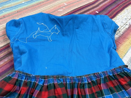 Vtg Scottie Dog Girls Dress 60s 70s Handmade Red Blue Green Plaid 19” W X 20” L - Picture 8 of 11