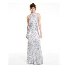 B Darlin Junior Womens 5/6 Silver Sequined Halter Shift Maxi Long Dress NWT DF89
