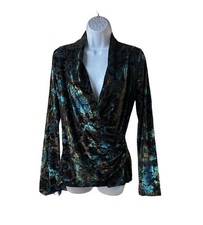 Karen Kane Burnout Velvet Floral Faux Wrap Top Black Teal Surplice Blouse M