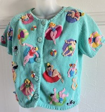Vtg 1990s Michael Simon 3D Aqua Beach Pool Party Bikini S/S cardigan sweater S