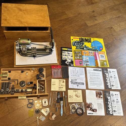 Vintage UNiMAT SL-1000 Mini Lathe w/ Accessories Wooden Box Made in Austria