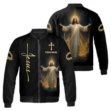 Personalized Jesus Christian With Cross Xmas Gift Religious Faith Bomber Jacket