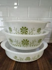 VTG Set 3 Glasbake Casserole Baking Dish Green Daisy Milk Glass MCM Primrose