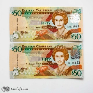 EAST CARIBBEAN: 2 x 50 East Caribbean Dollar Banknotes with Consecutive SNs