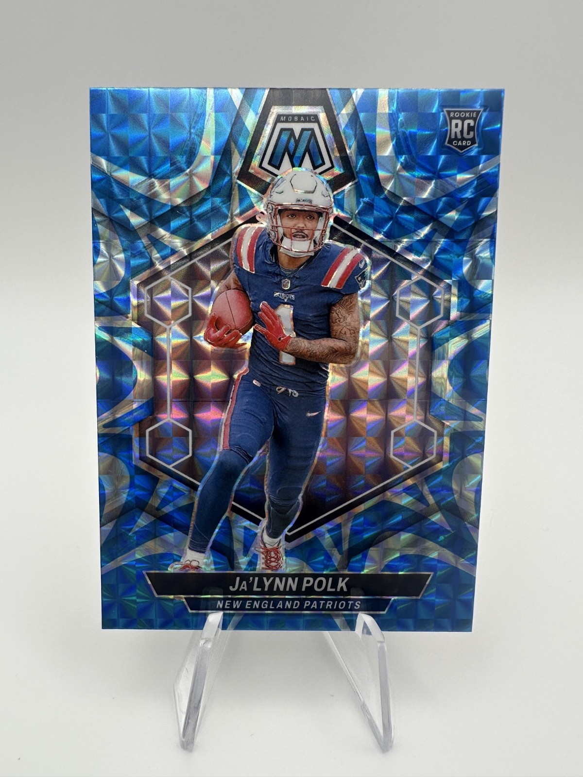 Ja'Lynn Polk RC Reactive Blue Prizm 2024 Panini Mosaic #337 New England Patriots
