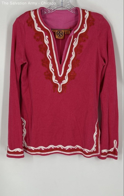 Tory Burch Womens Pink Embroidered Long Sleeve V-Neck Blouse Top Size XS