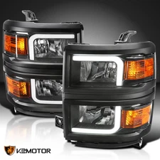 Black Fits 2014-2015 Chevy Silverado 1500 Pickup LED Tube Headlights Lamps LH+RH