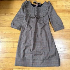 Juicy Couture Dress Womens 4 Brown Plaid Ruffle Wool Blend Long Sleeve Belted