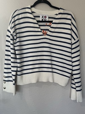 Kerri Rosenthal XOXO Knit Sweater Large Navy Ivory Stripe V Neck Button Cuff