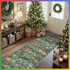 Washable Runner Rug 2x8 Non-Slip Indoor Carpet Green Floral Boho Home Decor