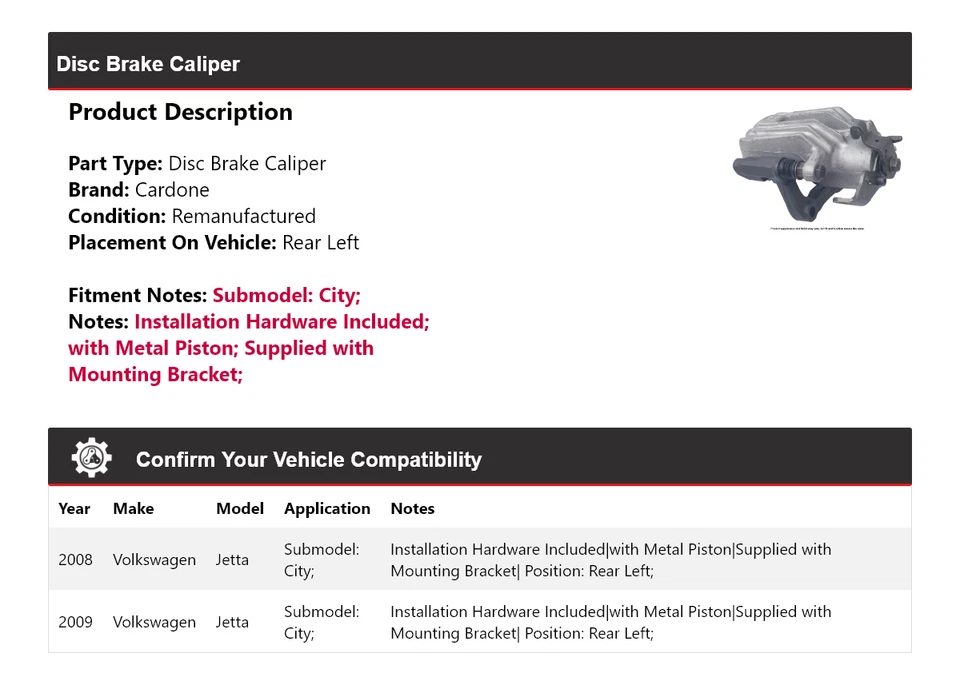 Pinza de freno de disco trasera izquierda cardone para Volkswagen Jetta City 2008-2009 Foto 2 de 4