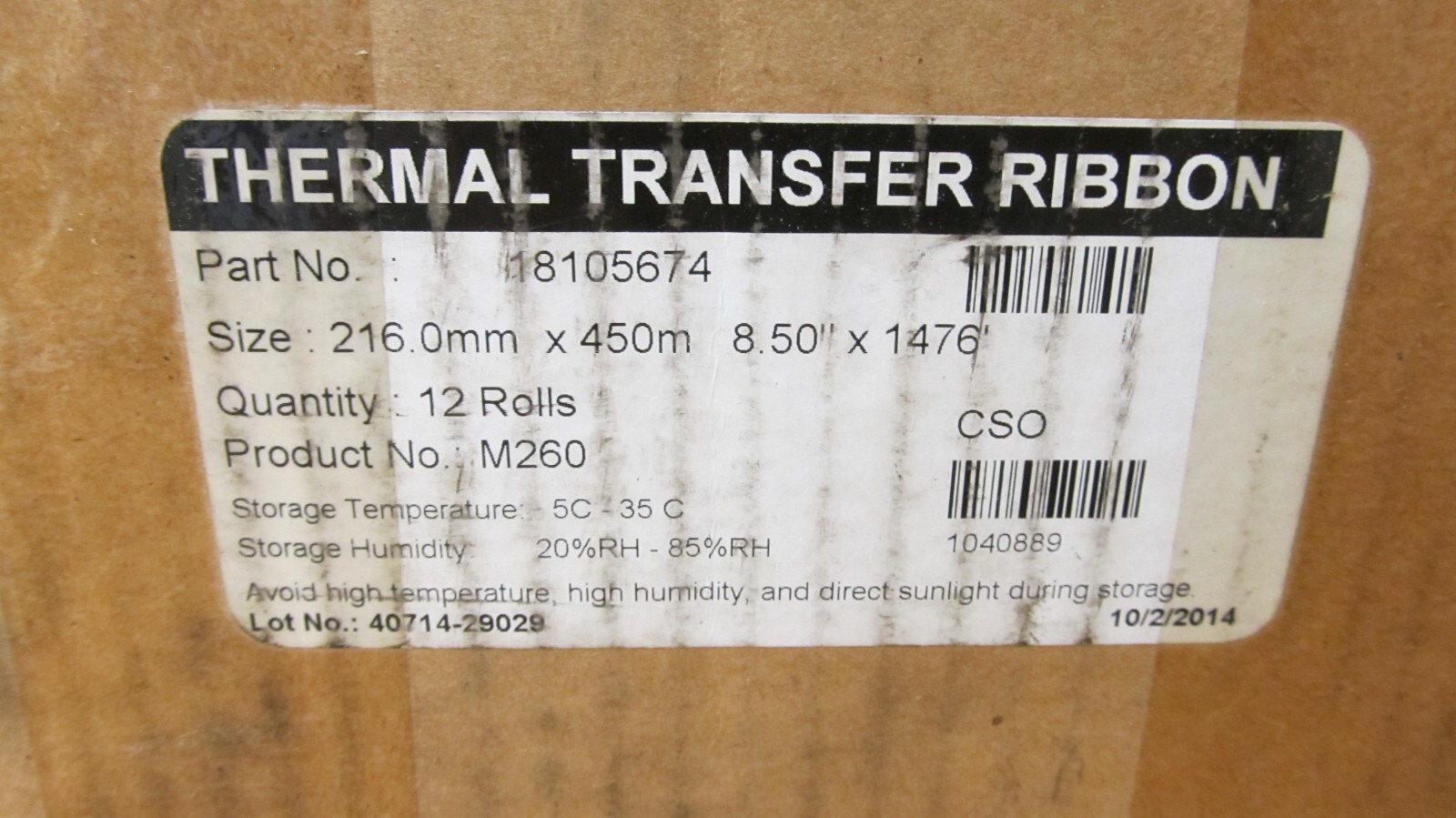 LOT of (12) M260 #18105674 Thermal Transfer Ribbon 216mm x 450m (Sealed ...