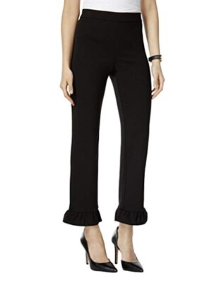 Alfani Comfort Waist Ruffed Straight Leg Cropped Pants Size 2, Deep Black  #3934