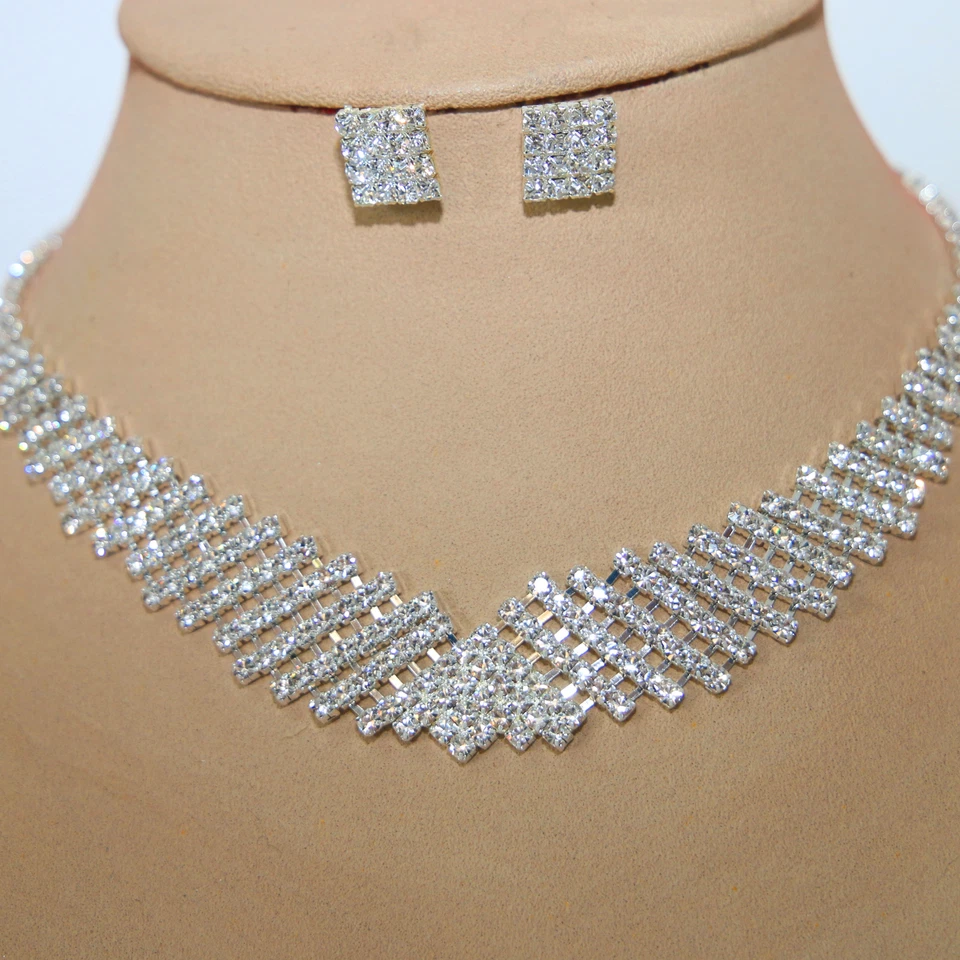Set Gioielli Collier Orecchini Cristalli Strass Sposa Collana Argento 11 - Immagine 3 di 3