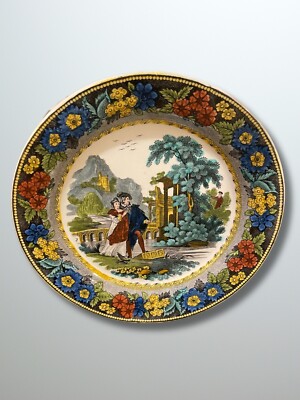 Antique 19th Century French Victorian Faience Creil Plate Man and Woman