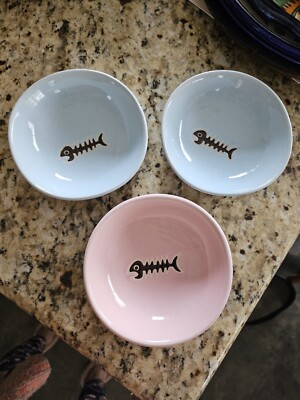 3 X Whisker City? Pink & Blue Ceramic Cat Pet Food Or Water Bowls Raised Fish