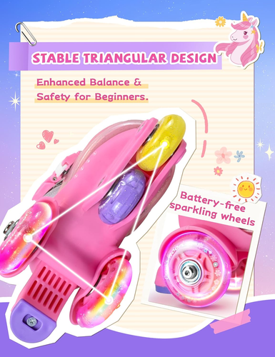 Unicorn Toddler Roller Skates, Kids Training Safety Tripple Protection Roller Sk - Picture 4 of 7