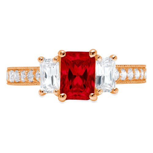 1,82ct Smaragd Rund Schnitt 3 Stein Roter Granat Modern Statement Ring 14k Roségold - Bild 10 von 11
