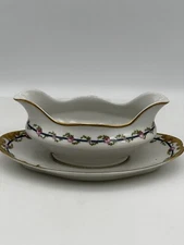 Vintage P.L Limoges M. Redon Pink Rose & Vine Gravy Boat With Underplate France