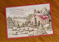 Susan Winget Art - Little Country Church Sheep Lang 8 x 6 Christmas Card 4ct