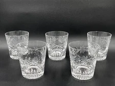 5 Etched Crystal Rocks lowball Floral Glasses 3.75" Height