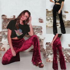 Women Ladies High Waist Casual Crushed Velvet Flare Pants Bell Bottoms Trousers