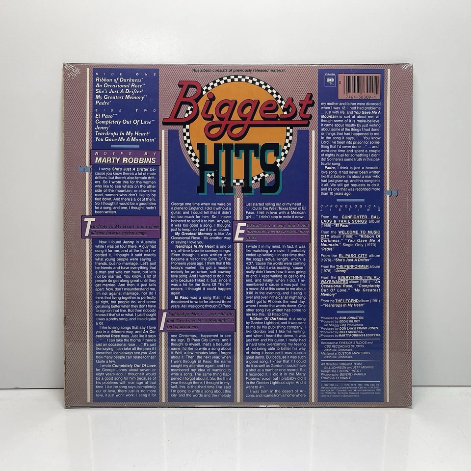 Marty Robbins - Biggest Hits (Vinyl Record LP, 1982, Columbia) FC 38309 NEW - Image 2 of 4