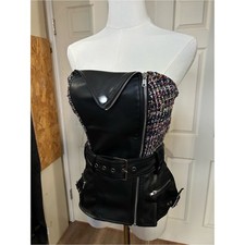 MD AKIRA Black Faux Leather Multicolor Tweed Corset Top