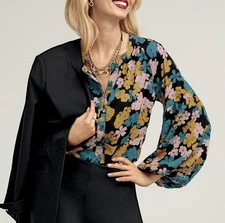 CABI Floral Button-Down Flowy Blouse Large Top Long Ballon Sleeve Office Spring