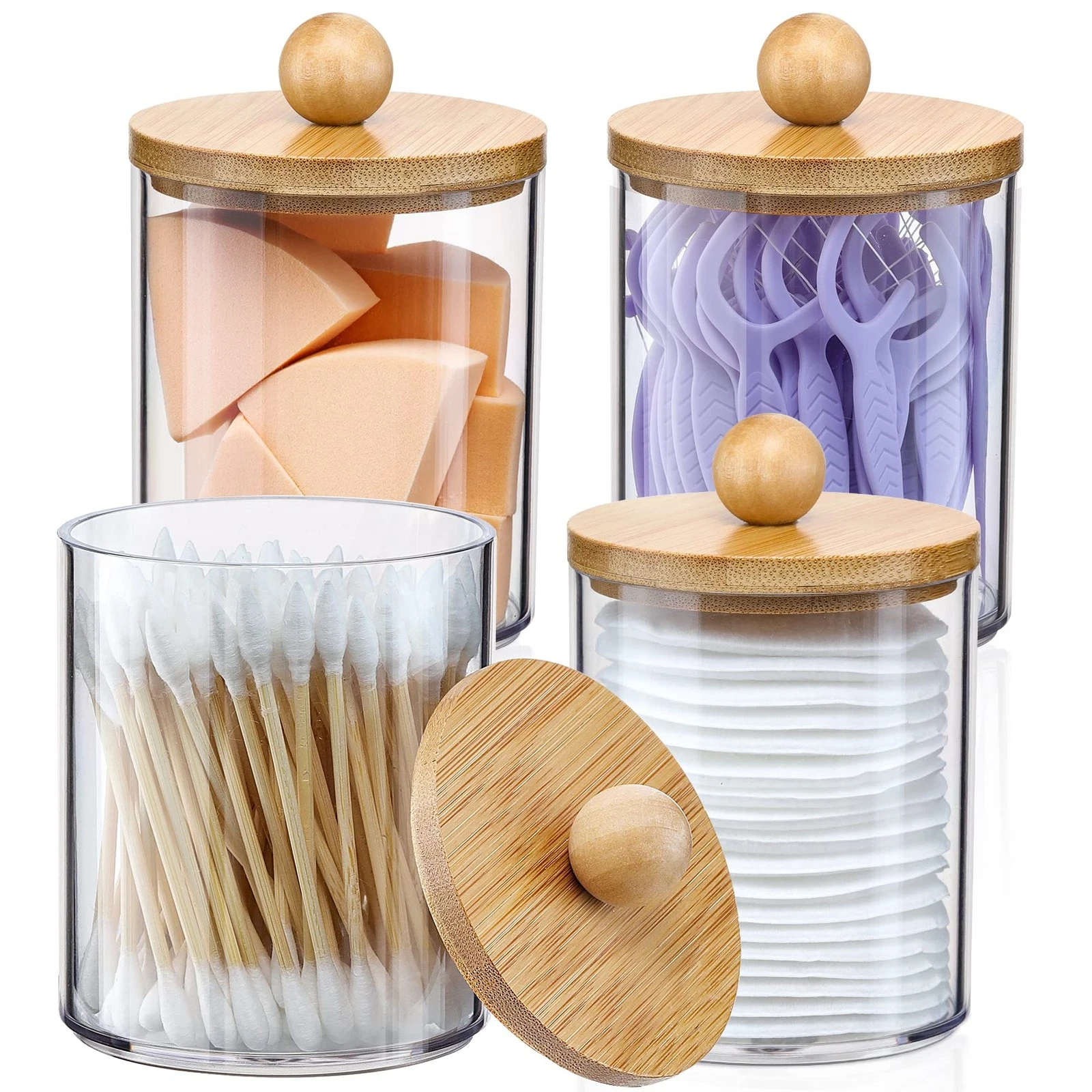 4 Pack Qtip Holder Dispenser with Bamboo Lids 10 oz Clear Plastic Apothecary...