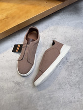 ZEGNA Triple Stitch Taupe Canvas Slip On White Sole Casual Sneakers Men