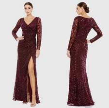 Mac Duggal 12412 Sz 8 Burgundy Long Sleeve Ruched Sequined V-Neck Gown