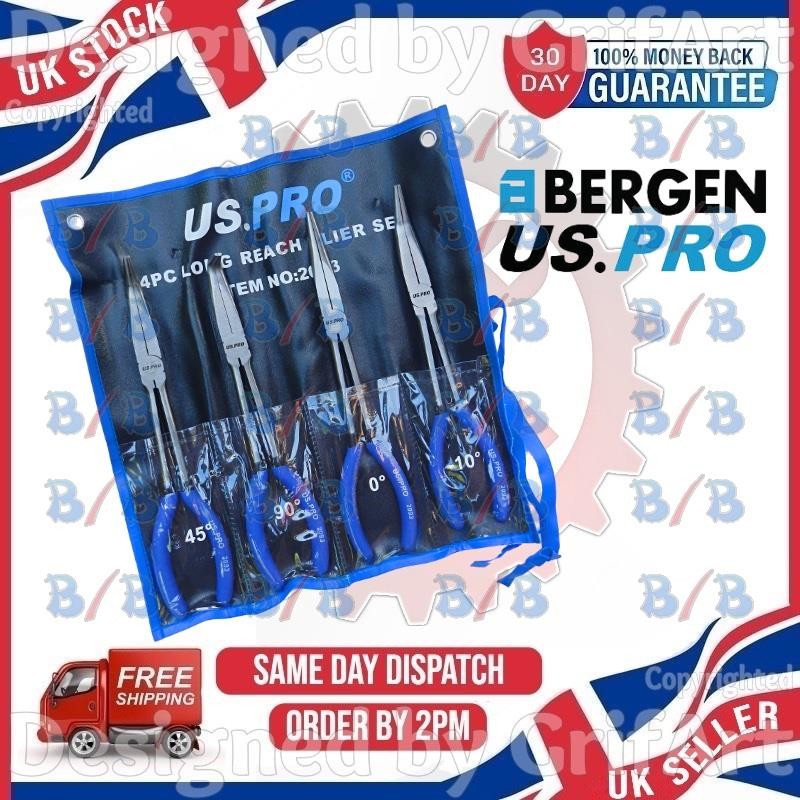 USPRO 4PC LONG REACH PLIER SET EXTRA LARGE NEEDLE OFFSET ANGLED BENT CURVED NOSE