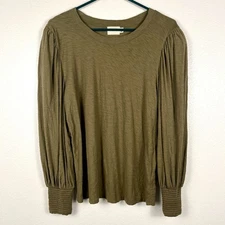 Nation Ltd Loren Olive Green Slub Cotton Puff Long Sleeve Blouse Top Large