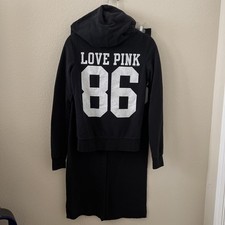 Pink Victoria Secret Sweatsuit Black Size XS Zip up Hoodie W/Matching Sweatpants