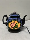 Vtg. Tiffany Style Stained Glass Teapot Lamp Cheyenne Rose Blue Accent Light