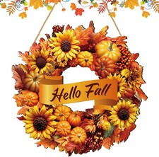 Door Sign Wooden Hello Fall Welcome Wreath 11.8in Thanksgiving Decor