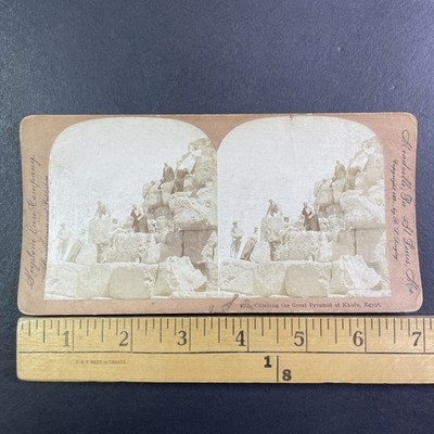 Climbing Great Pyramid of Khufu Stereoview Keystone View Co. 1899 Egypt