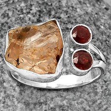 Adjustable Rose Quartz Rough  Garnet 925 Silver Ring s.8 Jewelry R-1243