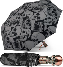 Mens Black Skull Umbrella - Automatic Luxury Travel Windproof Umbrella Compact -
