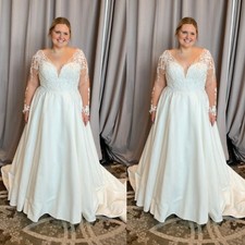 Plus Size Stain Wedding Dresses Long Sleeve V Neck Illusion A Line Bridal Gowns