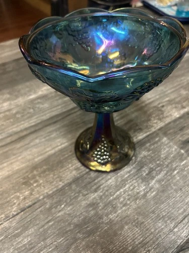 Vintage Indiana Glass Blue Carnival Glass Compote Bowl - Harvest Grape Pattern