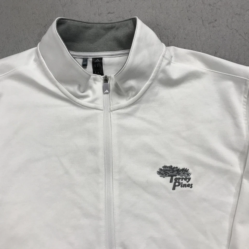 Chaqueta de golf Torrey Pines para hombre blanca mediana Adidas 1/4 cuarto cremallera pulóver logotipo Foto 2 de 4