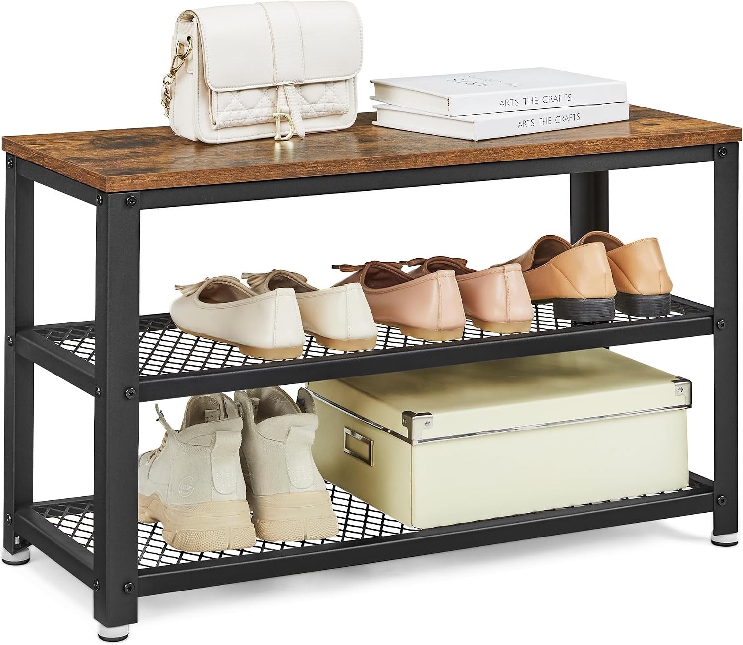 Industrial Storage Shoe Bench, Rustic Brown + Black - Image 2