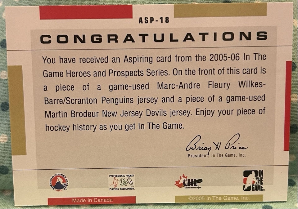 Camiseta deportiva Fleury Brodeur 2005-06 In The Game Heroes And Prospects aspirantes reliquias Foto 2 de 2