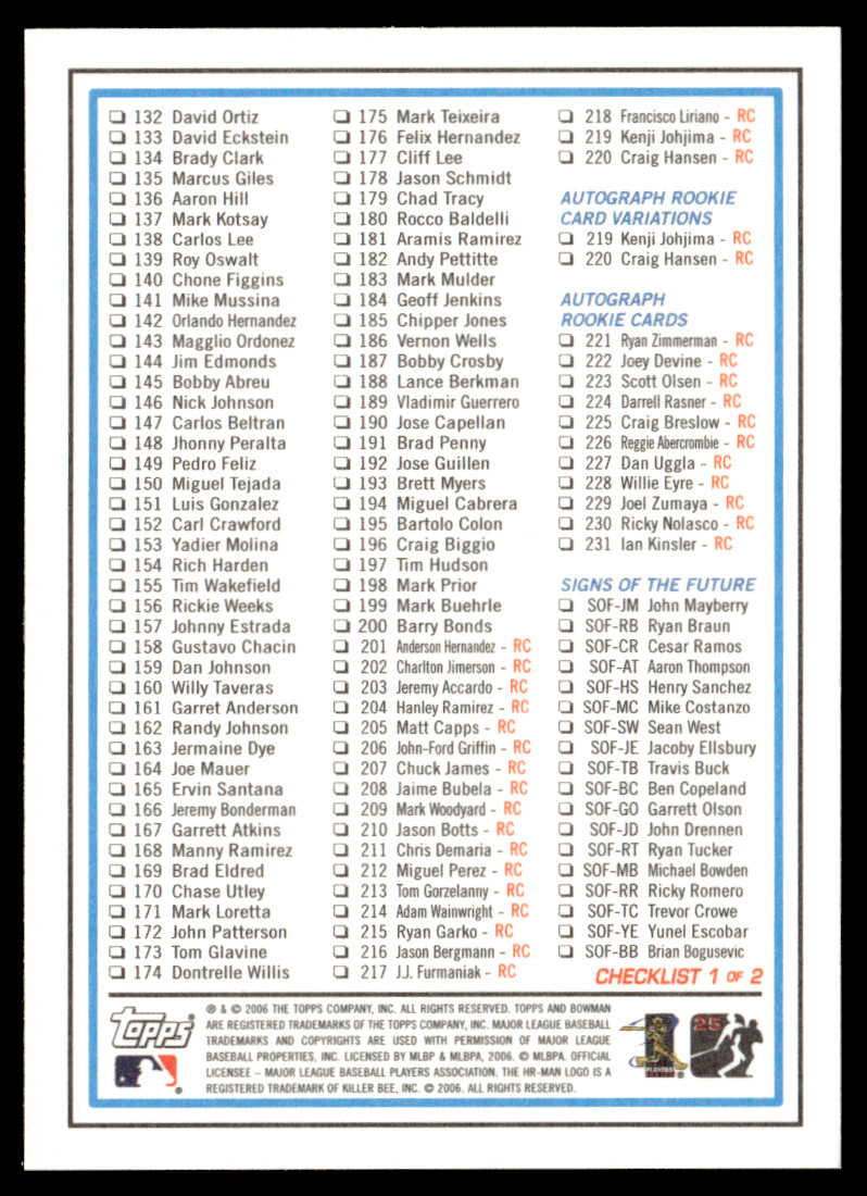 2006 Bowman Checklist #1 of 2