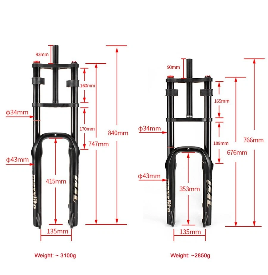 MTB Air Pressure Suspension Fork Snow Bike Double Crown Alloy 20 26*4.0 Fat Tire - Image 3 of 4