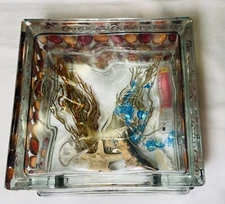 Vintage Glass Block w Seashells Lights Up Handmade Beach Decor Brick 7.5" USA